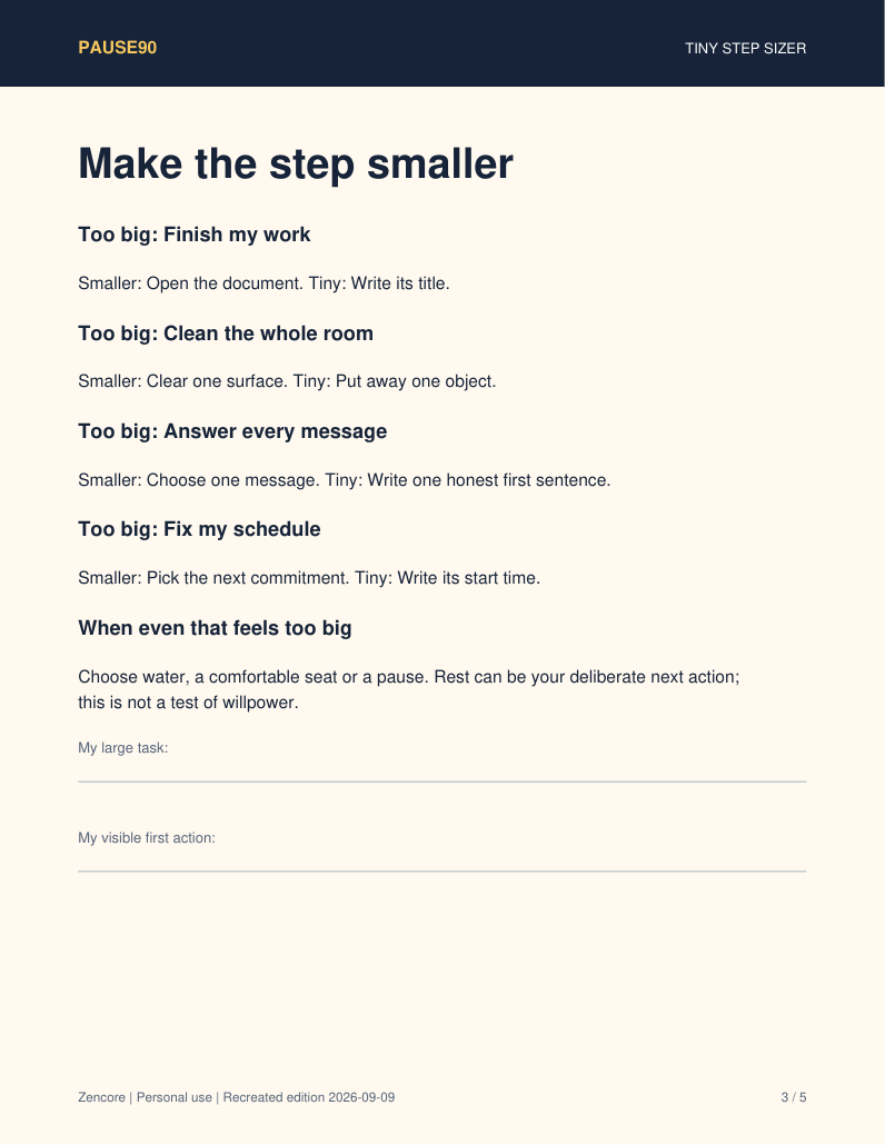 Actual Tiny Step Sizer page from the One Tiny Win PDF